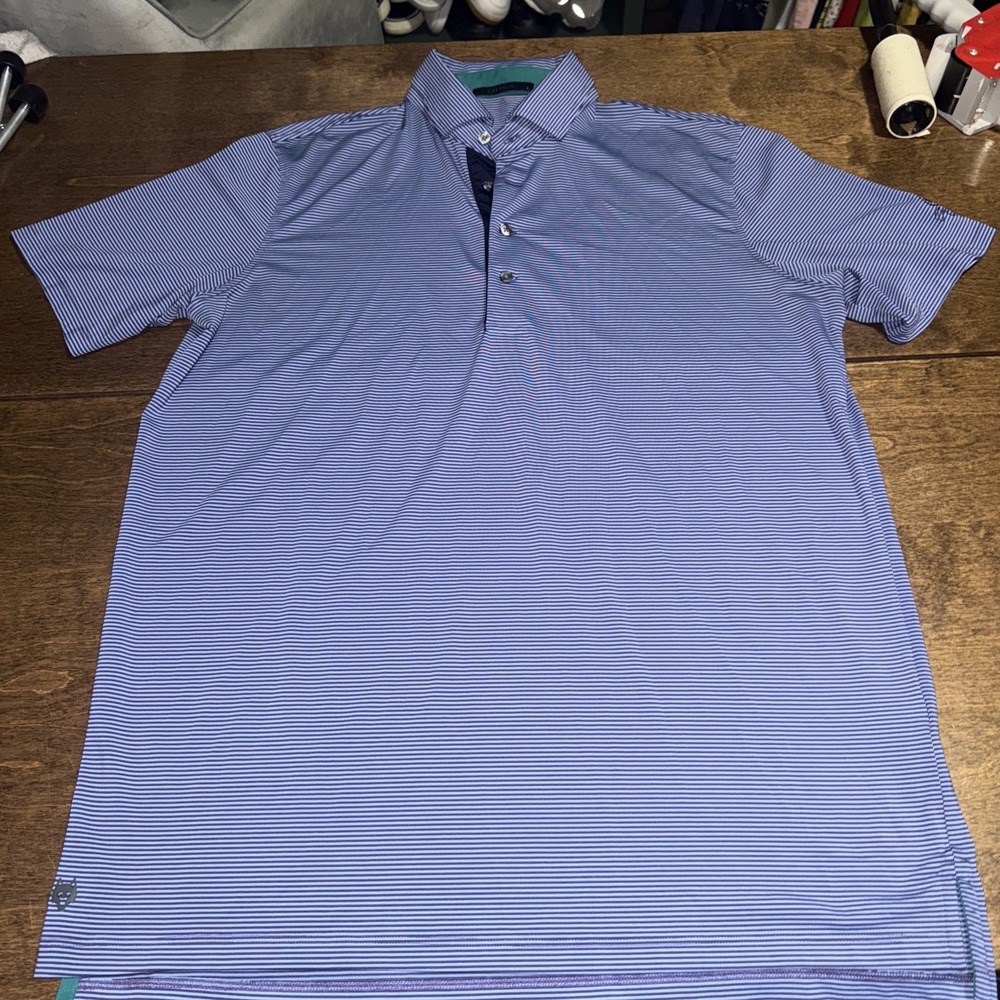 Greyson Golf Polo Mens Large Blue Striped Performance Stretch Preppy